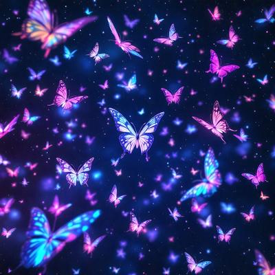 The primary subject of the image is a group of colorful butterflies flying in the sky. The setting is a night sky, with the butterflies flying against a backdrop of stars. The visual style is a digital art or illustration, creating a vibrant and lively atmosphere. The colors and mood are predominantly purple and blue, giving the scene a dreamy and whimsical feel.